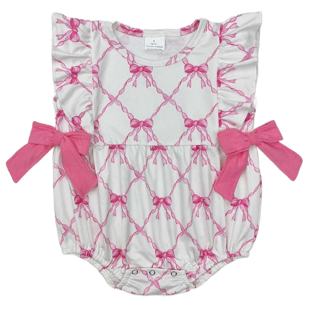 white baby rompers with pink bow pattern and ruffle sleeves for infants size small