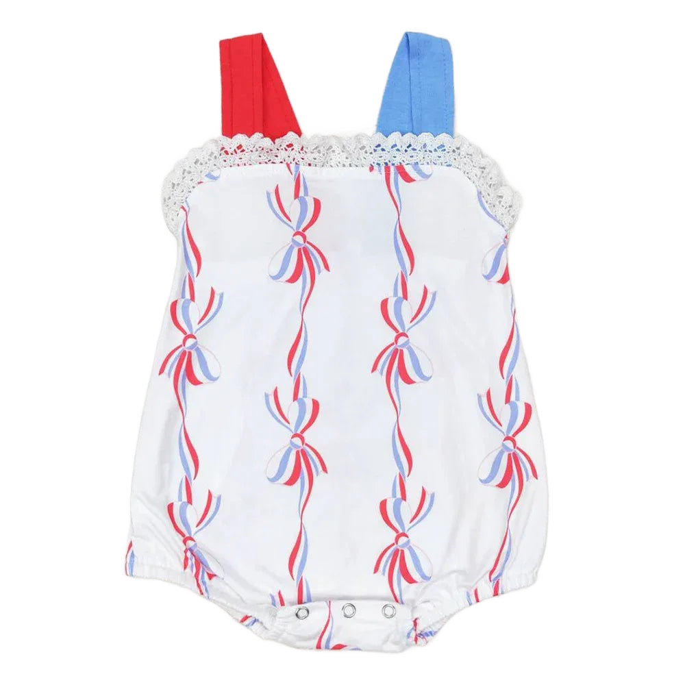 baby rompers white sleeveless one-piece with red and blue bows and lace trim for infants