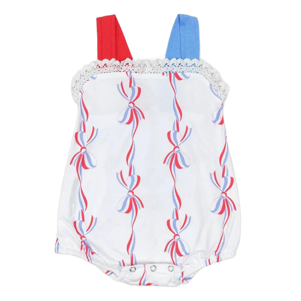 baby rompers white sleeveless one-piece with red and blue bows and lace trim for infants