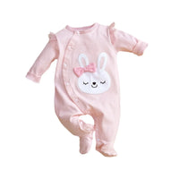 Pink baby romper with long sleeves and bunny face applique with bow for infants