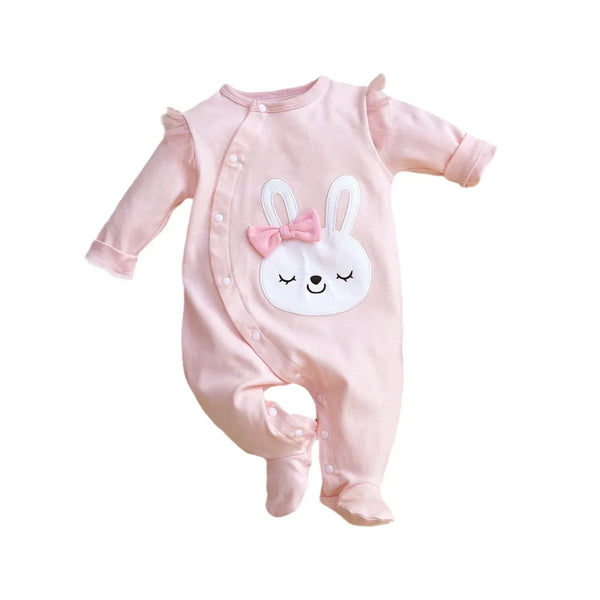 Pink baby romper with long sleeves and bunny face applique with bow for infants