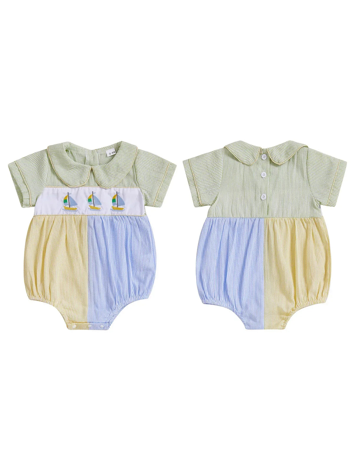 Baby Seersucker Romper with Sailboat Embroidery, pastel green top, color-block yellow/blue bottom, Peter Pan collar.