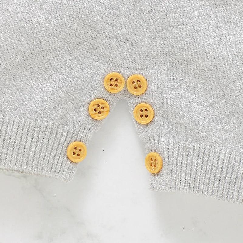 baby gray short sleeve romper with yellow buttons for easy diaper changes