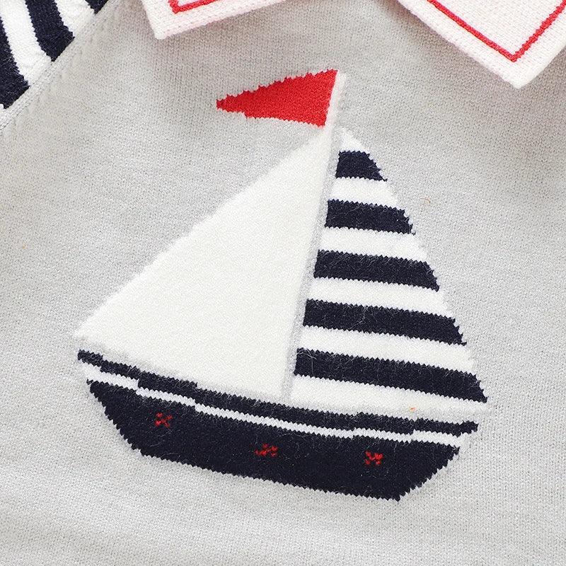 baby gray short sleeve romper with navy striped sailboat design for infants