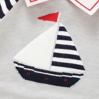 baby gray short sleeve romper with navy striped sailboat design for infants