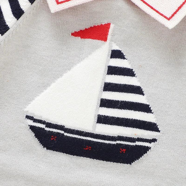 baby gray short sleeve romper with navy striped sailboat design for infants