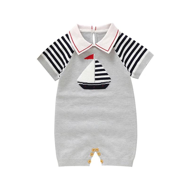 baby short sleeve romper in gray with striped sleeves and sailboat applique size newborn