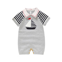 baby short sleeve romper in gray with striped sleeves and sailboat applique size newborn