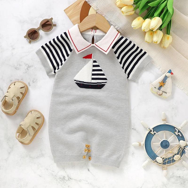 Gray baby short sleeve romper with sailboat design and striped sleeves for infants