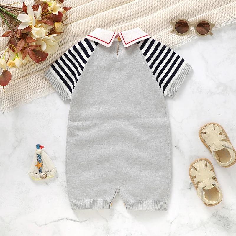 baby gray short sleeve romper with navy striped sleeves and white collar toddler clothing