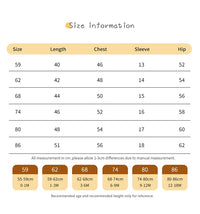 Baby short sleeve romper size chart with length chest sleeve and hip measurements for ages 0 to 18 months