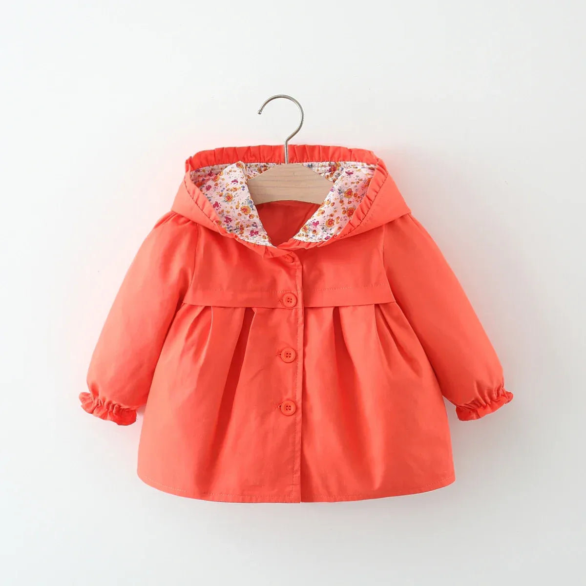 toddler coral spring coat with floral hood lining and button closure