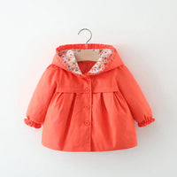 toddler coral spring coat with floral hood lining and button closure