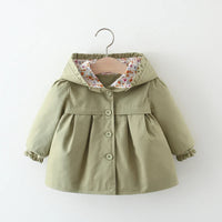 baby green spring coat with floral hood lining and button front for infants