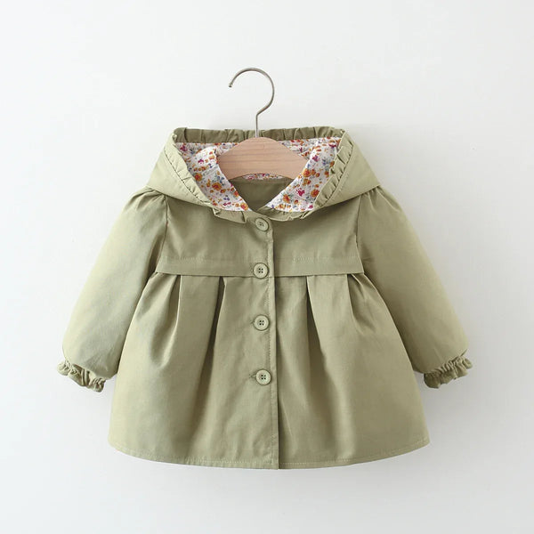 baby green spring coat with floral hood lining and button front for infants