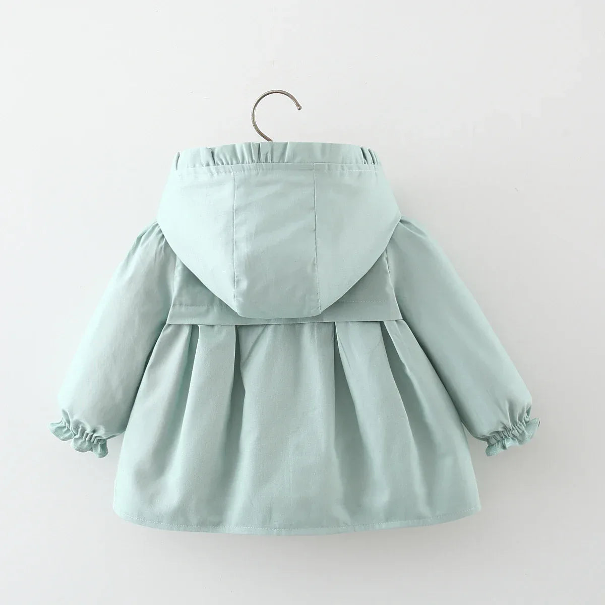 toddler light blue spring coat with hood and gathered long sleeves