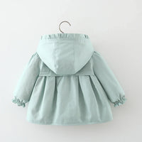 toddler light blue spring coat with hood and gathered long sleeves