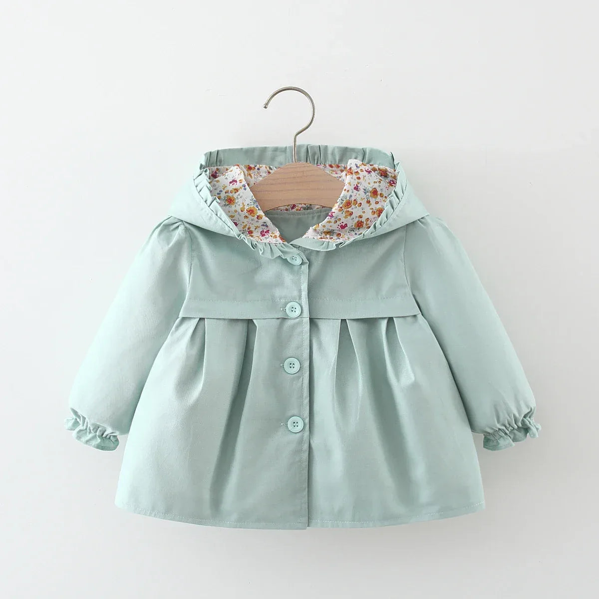baby girls mint green spring coat with floral hood lining and button closure