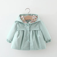 baby girls mint green spring coat with floral hood lining and button closure