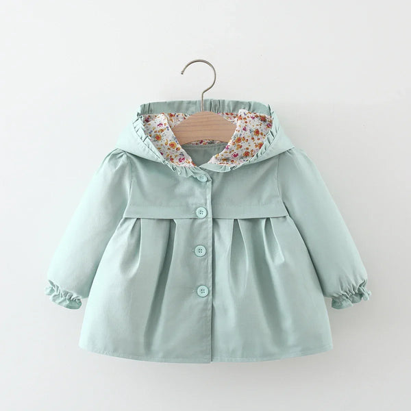 baby girls mint green spring coat with floral hood lining and button closure