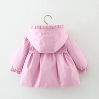 toddler pink spring coat with hood and ruffle sleeve cuffs for girls