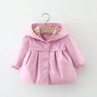 baby pink spring coat with floral hood lining and ruffle cuffs for infants