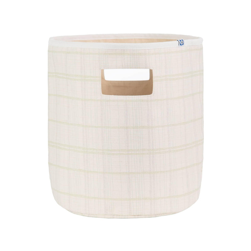 Beige fabric baby storage bins with soft cotton material and built-in handle for easy carrying
