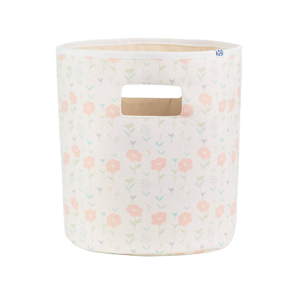 Goosewaddle soft fabric baby storage bins for nursery in pastel floral pattern with beige cotton material
