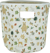 Goosewaddle baby storage bins featuring woodland animals and plants on white fabric storage bin for nursery