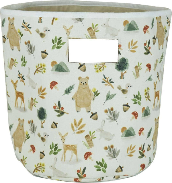 Goosewaddle baby storage bins featuring woodland animals and plants on white fabric storage bin for nursery