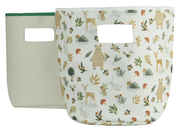 Set of two baby storage bins with woodland animal and leaf patterns in soft neutral colors