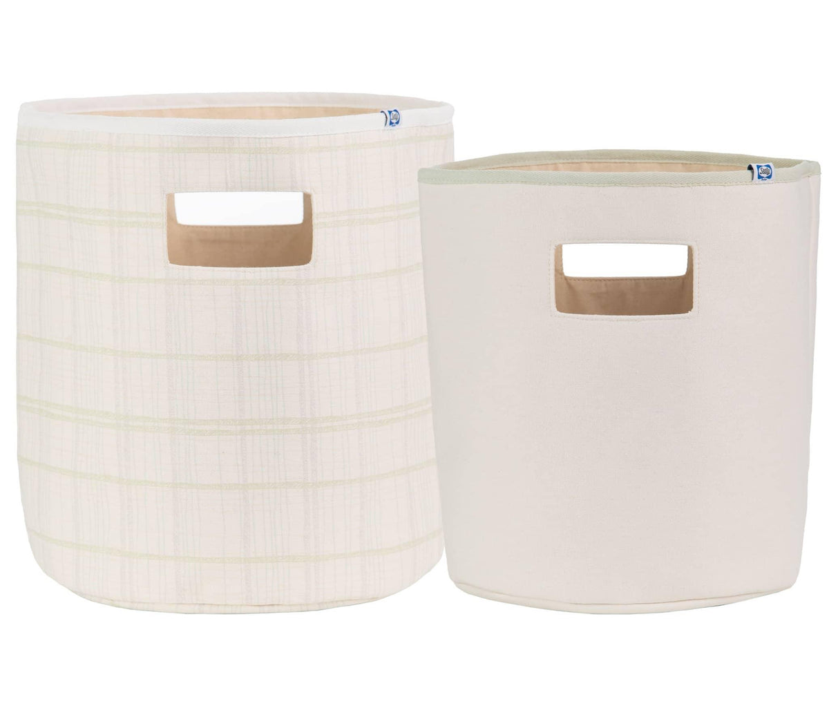 Set of two beige and cream cotton soft baby storage bins with handles