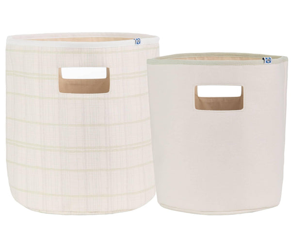 Set of two beige and cream cotton soft baby storage bins with handles