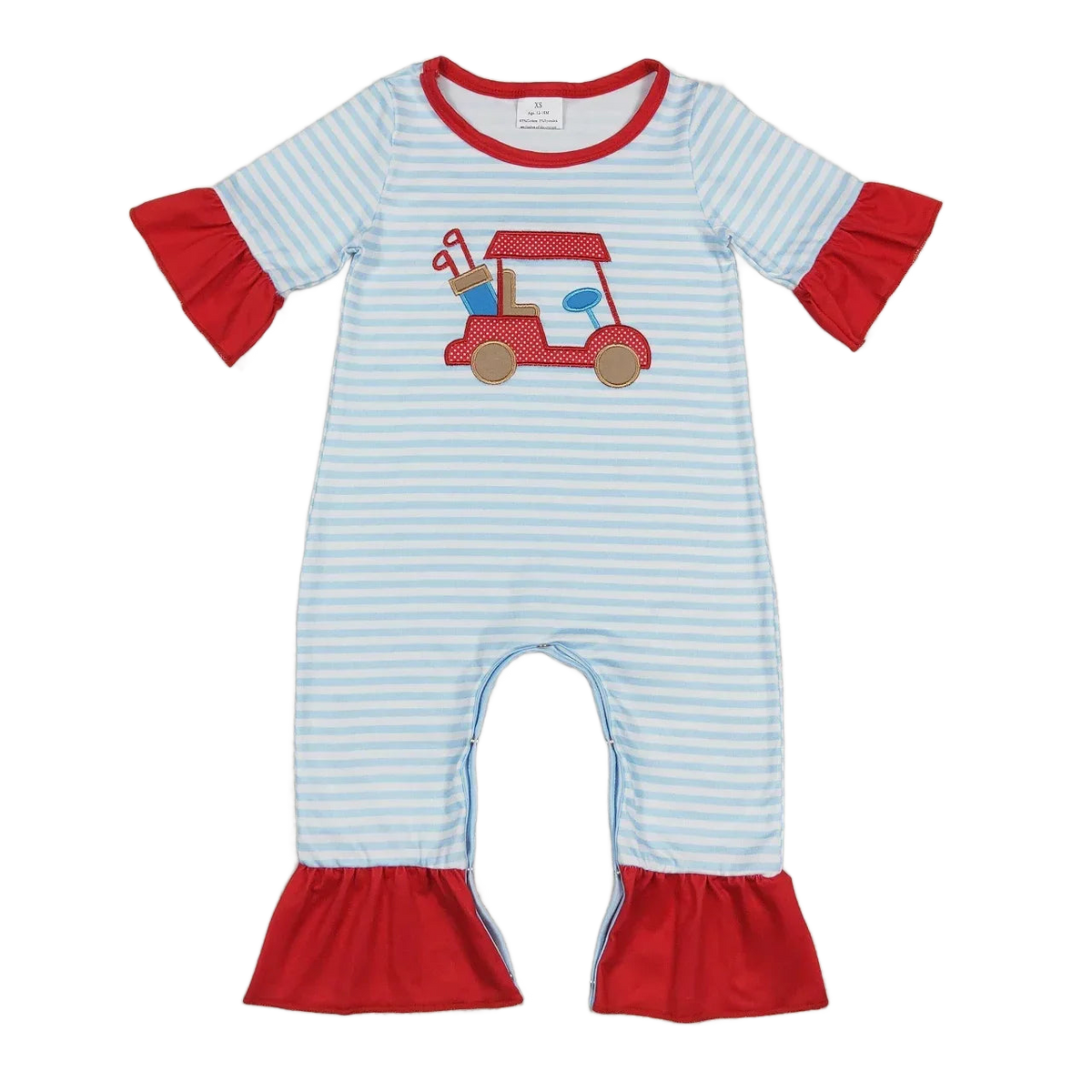 blue and white striped baby summer romper with red ruffle sleeves and pants featuring golf cart applique