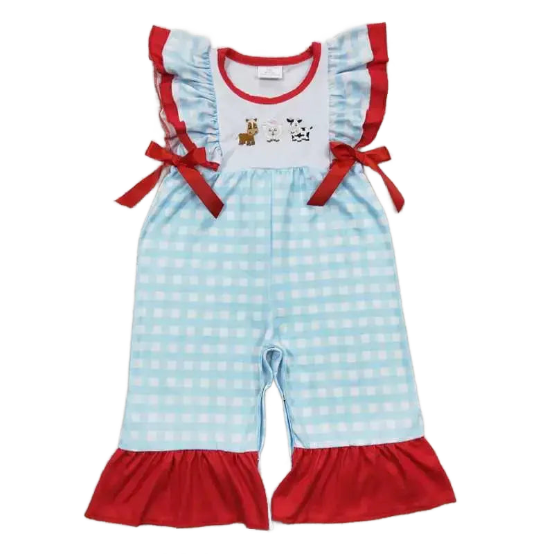 baby summer romper in blue and white check with red ruffle sleeves and animal embroidery for infants