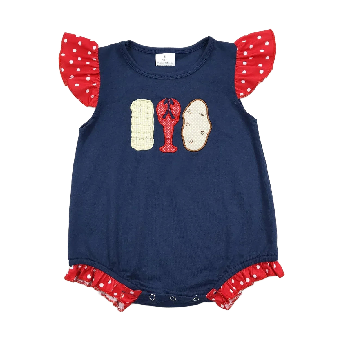 Navy blue baby summer romper with red polka dot ruffle sleeves and bottom, size small, applique design