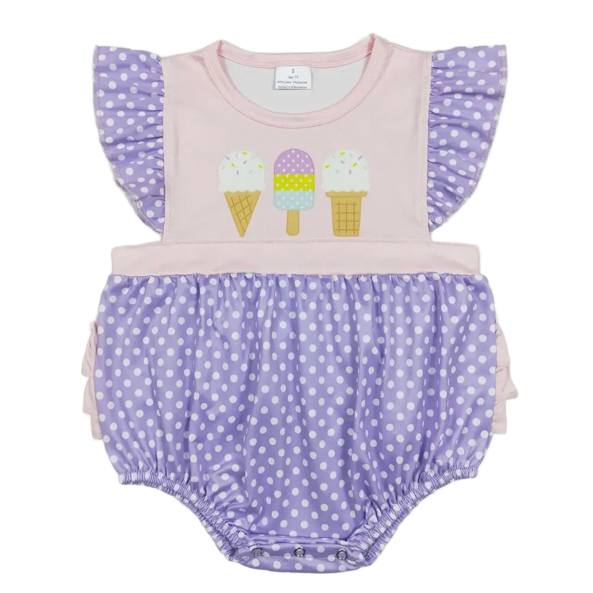 baby summer romper in pink and purple with white polka dots and ice cream design for infants