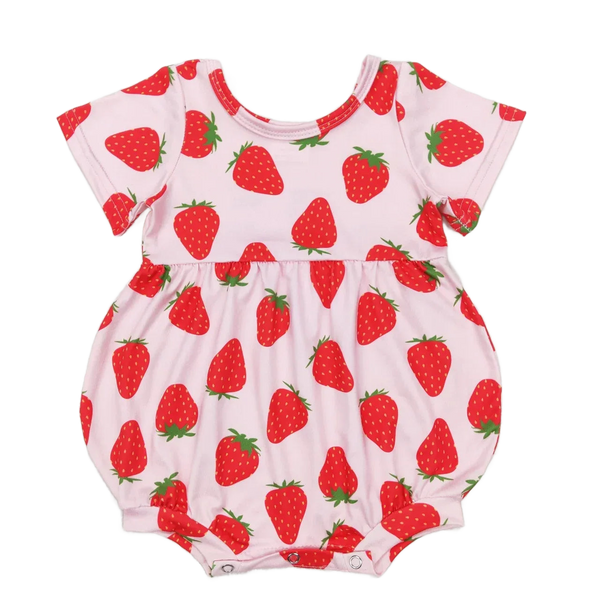 pink baby summer romper with red strawberry print short sleeves for infants