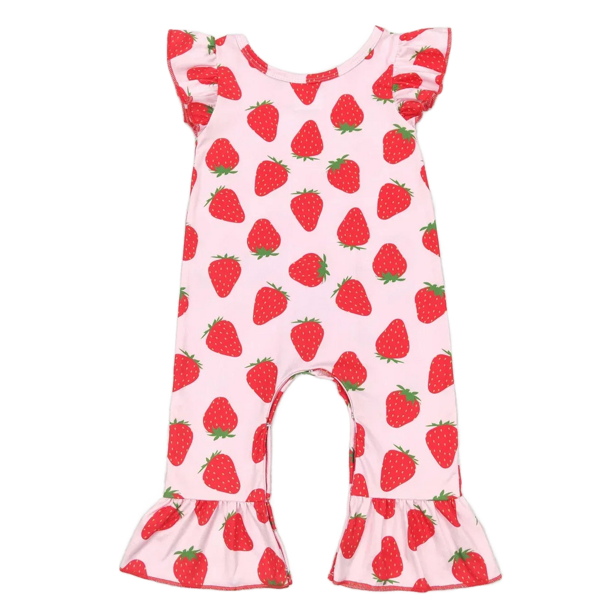 pink baby summer romper with red strawberry print and ruffle sleeves for infants