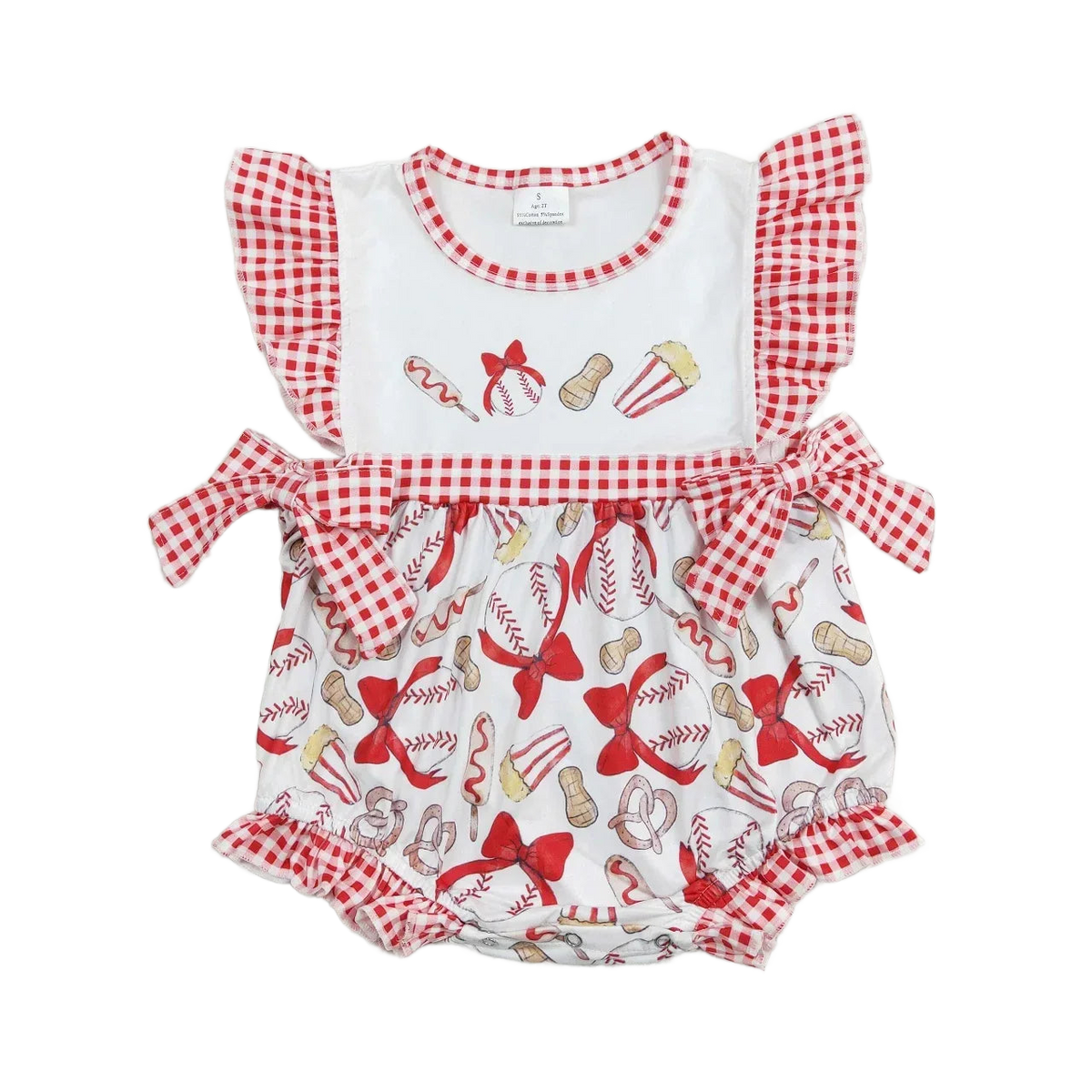 baby summer romper with red and white baseball print and gingham ruffle sleeves for infants