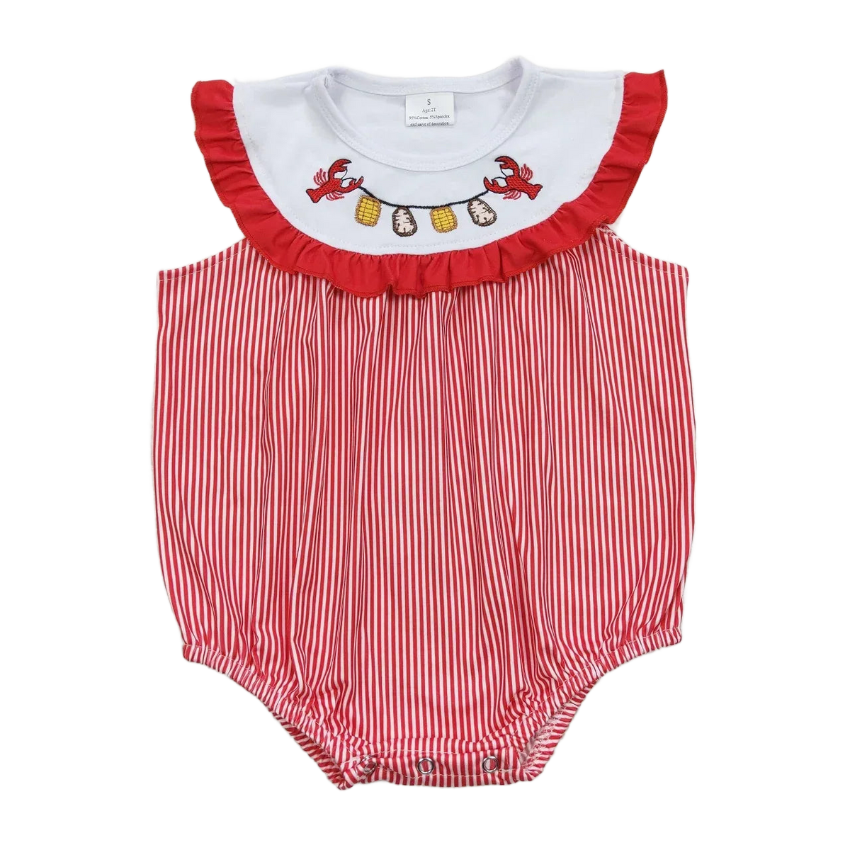 Red and white striped baby summer romper with white ruffled collar and lobster embroidery for infants