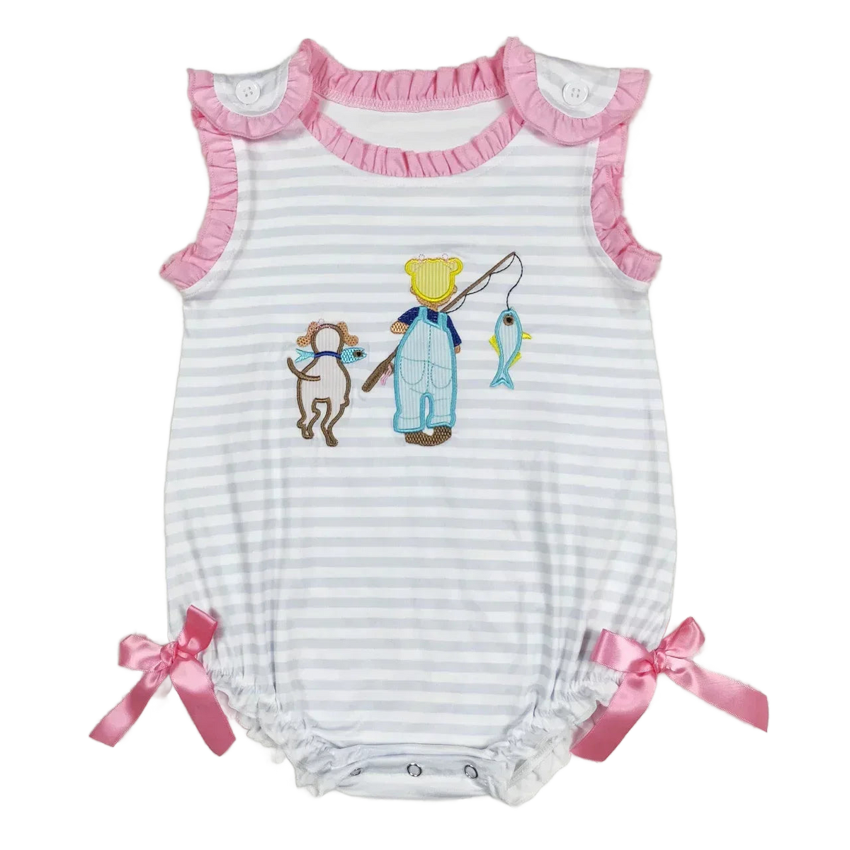 baby summer romper with pink trim and fishing bear and dog applique in gray and white stripes