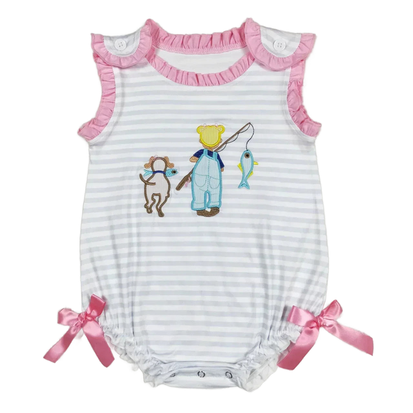 baby summer romper with pink trim and fishing bear and dog applique in gray and white stripes