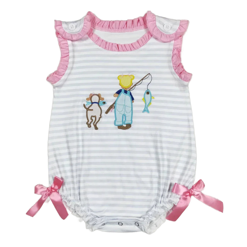 baby summer romper with pink trim and fishing bear and dog applique in gray and white stripes