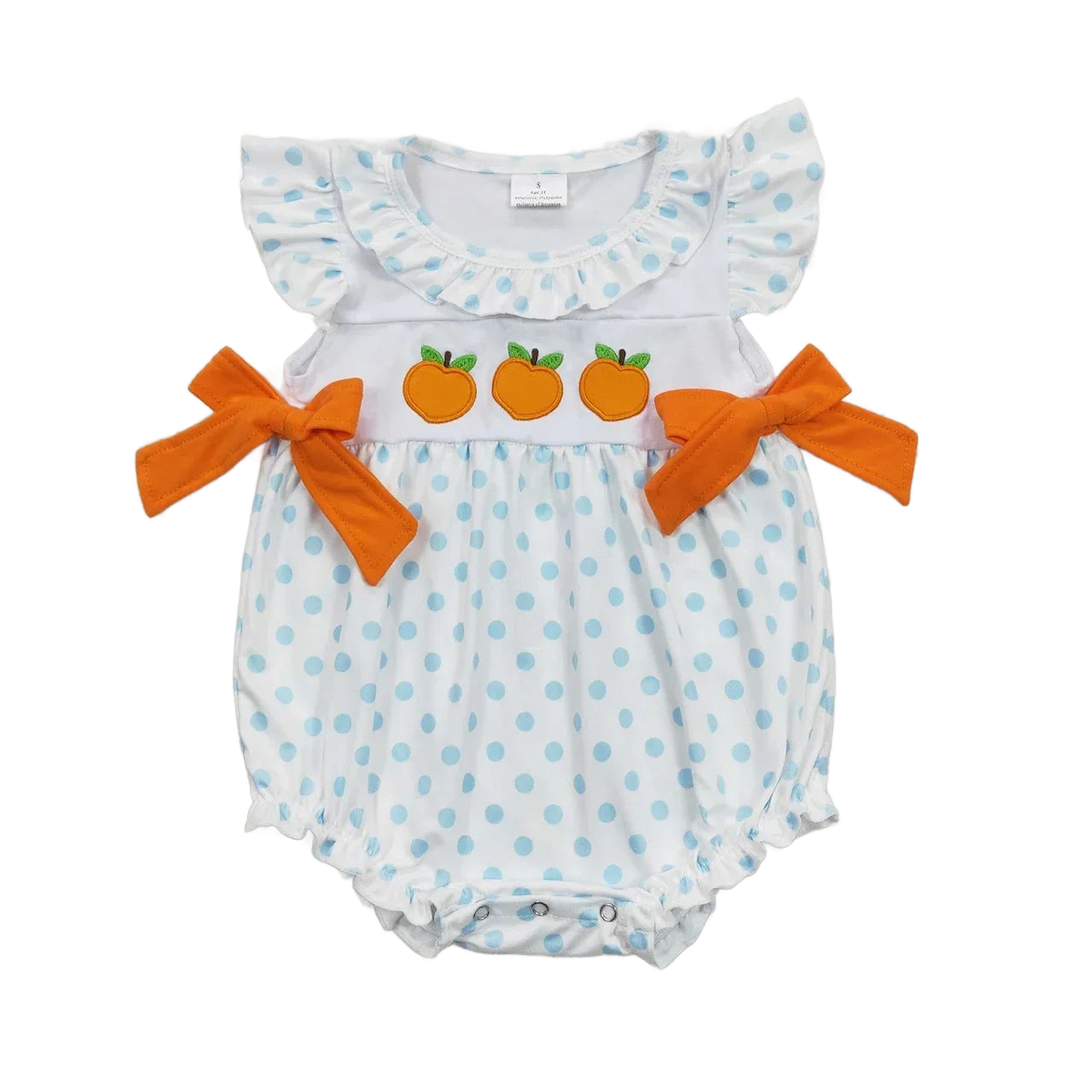 white and blue polka dot baby summer romper with orange bows and embroidered peaches for infants