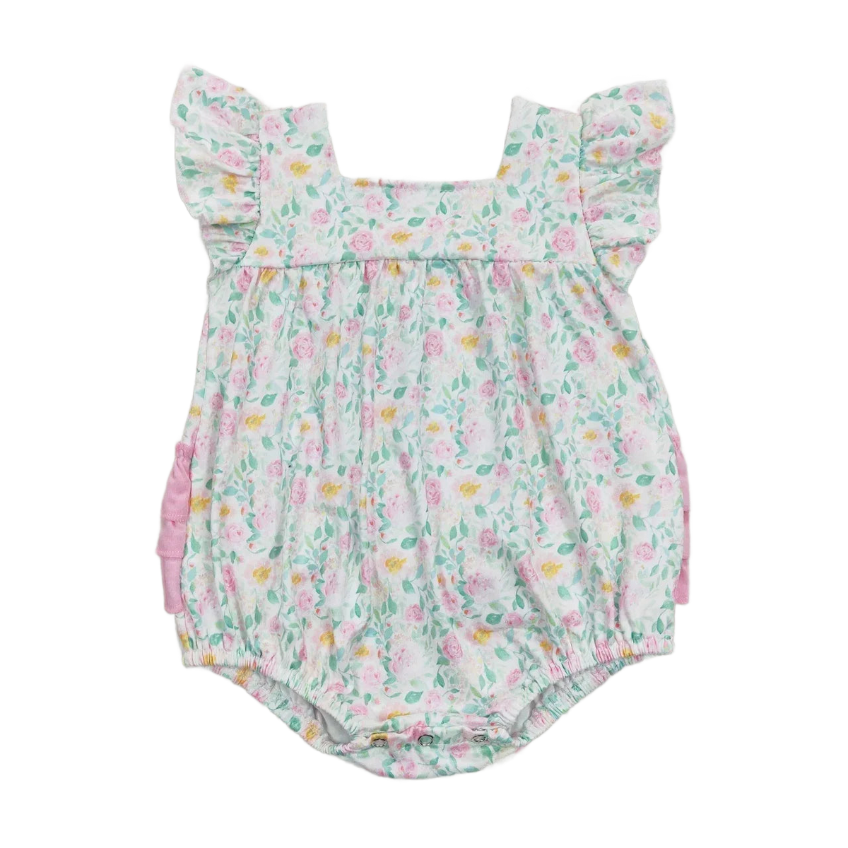 white floral baby summer romper with pink yellow and green flowers for infants with ruffle sleeves
