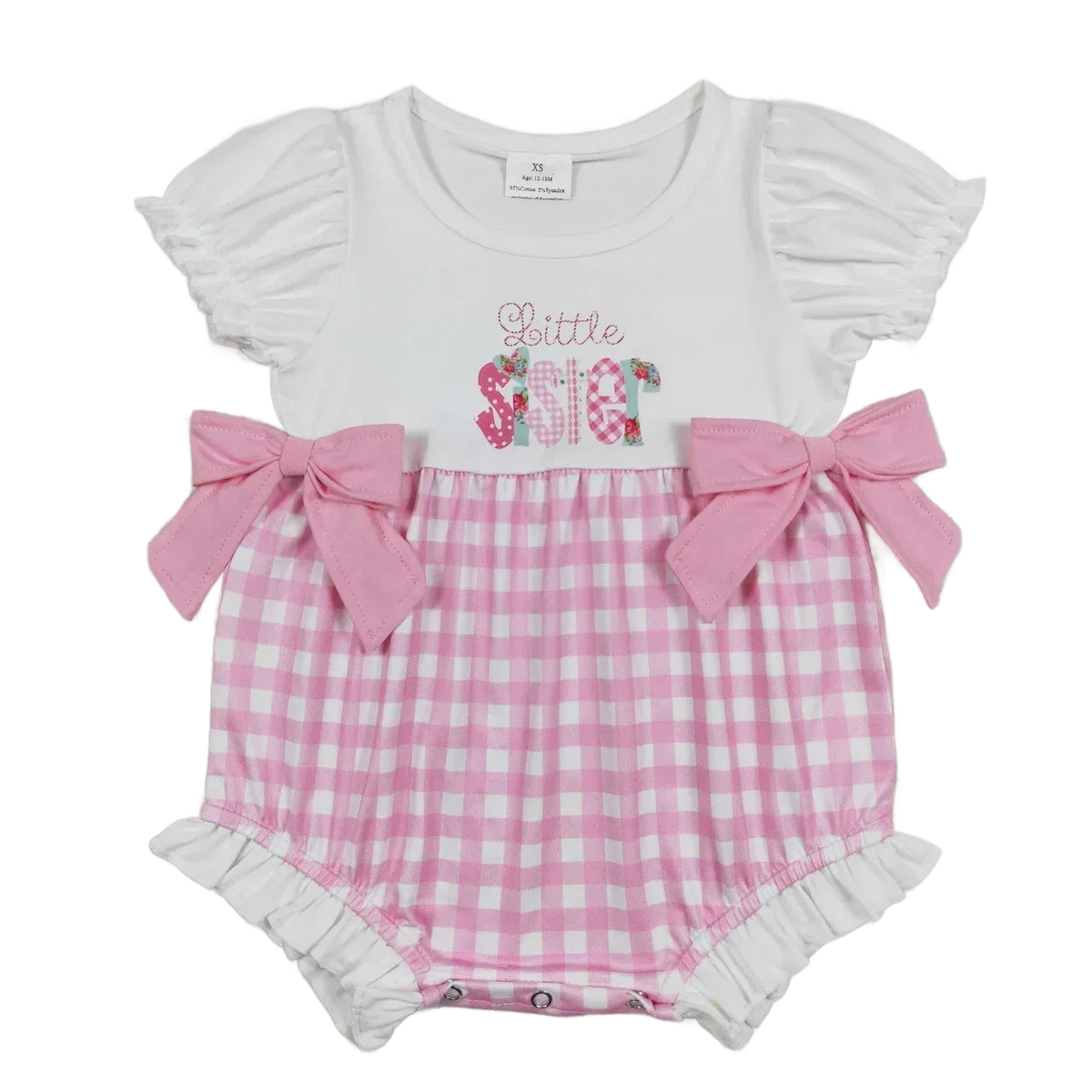 Pink and white baby summer romper with puff sleeves and bow accents for newborn girls