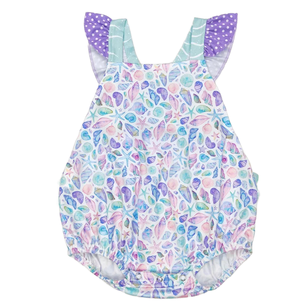 Pastel seashell print baby summer romper with purple polka dot ruffle straps for infants