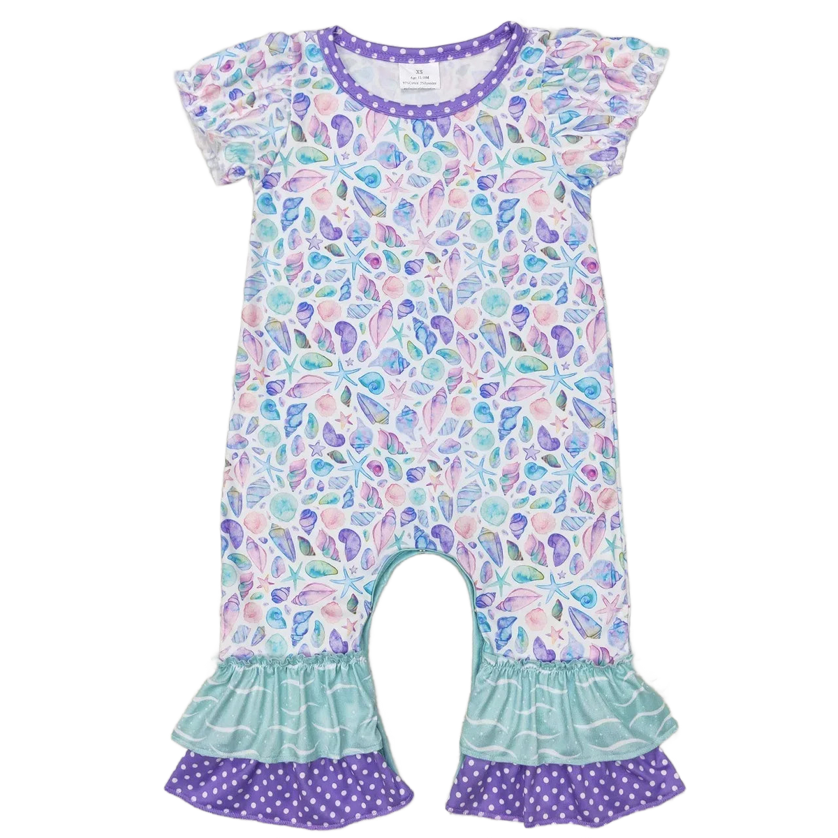 baby summer romper with pastel seashell print, short sleeves, and ruffled pant legs for infants