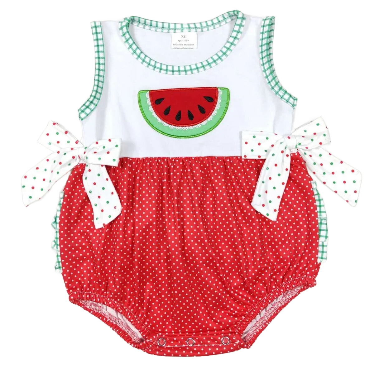 baby summer romper in red polka dots with watermelon applique and green check trim for infants